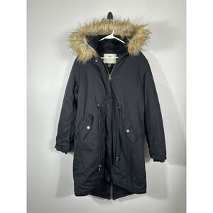 Wenven Jacket Womens Medium Black Sherpa Lined Parka Coat Faux Fur Trim Hood